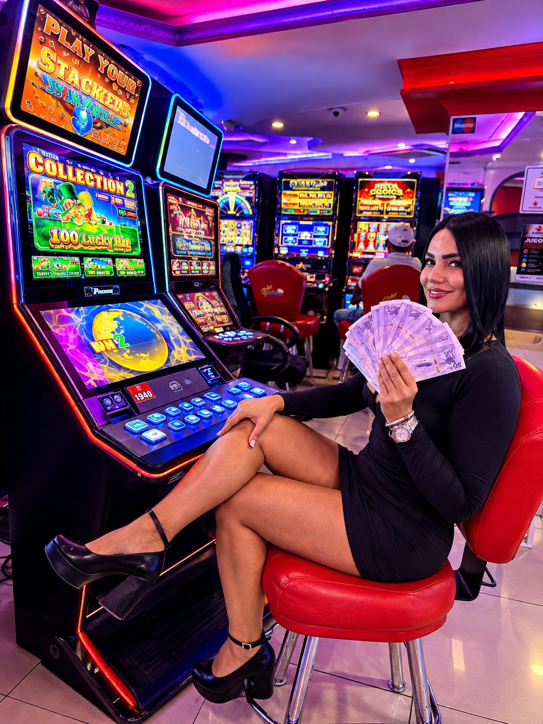 Mujer sonriente sentada junto a una máquina electrónica mostrando billetes de un premio en efectivo