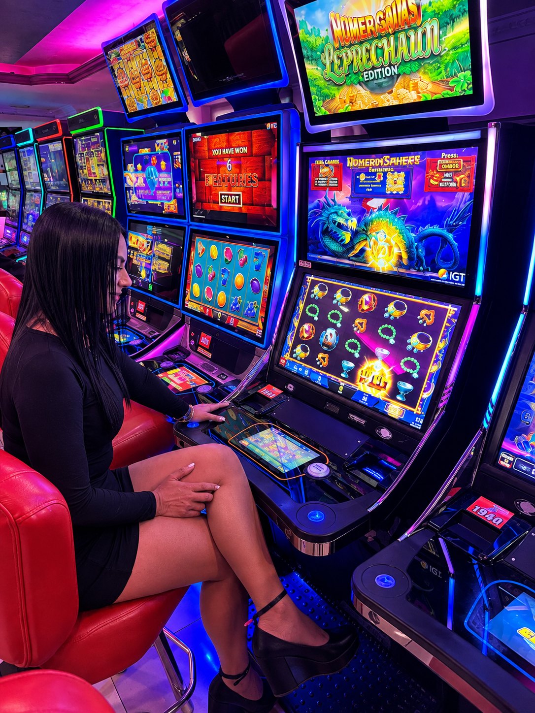 Mujer sentada en una silla roja jugando en una máquina electrónica de una de nuestras salas