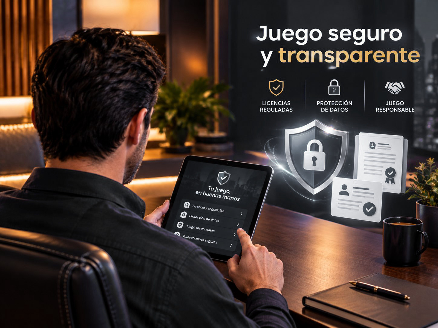 Hombre consultando su tableta en casa junto a un escudo plateado, con el mensaje Juego seguro y transparente: licencias reguladas, protección de datos y juego responsable